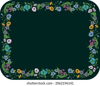Decorative greeting card with border from various drawn delicate flowers 