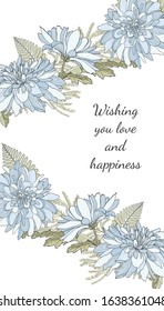 Decorative greeting card with chrysanthemum flowers. Elegant post card with beautiful of chrysanthemums. Free place for text. Vector design.