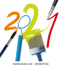 Decorative greeting card with the concept of graphic and literary creation symbolized by a pencil, a fountain pen and brushes.