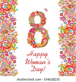 Decorative greeting card with flowers number 8 for International Women's day