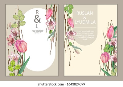 Decorative greeting card with flowers of tulips, Alstroemeria, lilies. Spring frame, composition, advertising, holidays: March 8, birthday, wedding, Easter, your text