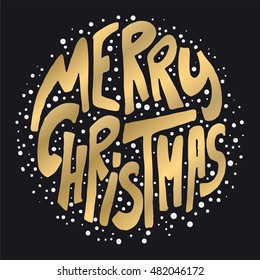 Decorative Greeting Card with handdrawn lettering. Handwritten gold phrase Merry Christmas with white dots isolated on black background. Trendy vector design element for xmas decorations and posters