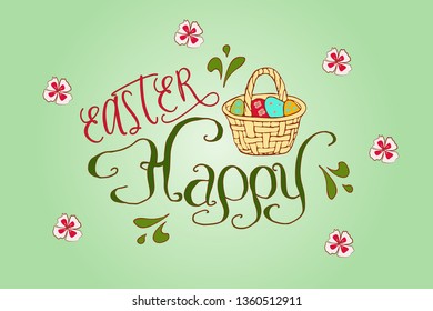 Decorative greeting card of happy easter on light green background with spring flowers and easter basket with eggs