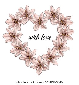 Decorative greeting card with heart of pink lily flowers. Elegant post card with beautiful lilies. Free place for text. Vector design.