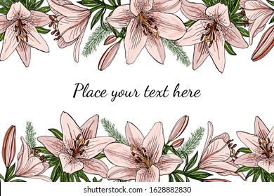 Decorative greeting card with pink lily flowers. Elegant post card with beautiful lilies. Free place for text. Vector design.