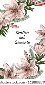 Decorative greeting card with pink lily flowers. Elegant post card with beautiful lilies. Free place for text. Vector design.