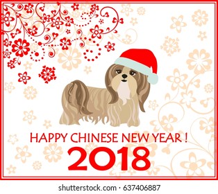 Decorative greeting card with puppy of shi tsu for Chinese New year 2018