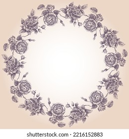 Decorative greeting card with round border of drawn roses