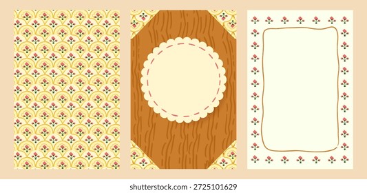 Decorative greeting card template featuring a warm yellow floral arch pattern. Includes front, back and inner layouts with ornamental frames, suitable for spring and summer invitations, greetings and announcements