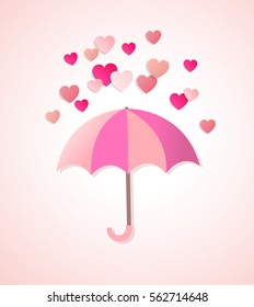 Decorative greeting card for Valentine's day with paper hearts and umbrella