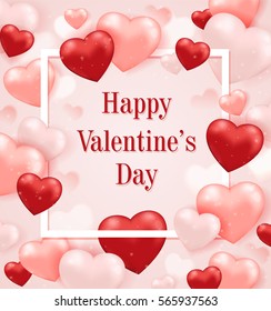 Decorative greeting card for Valentine's day with pink and red balloons in white frame. Romantic festive background.