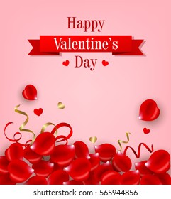Decorative greeting card for Valentine's day with red rose petals on a pink background.