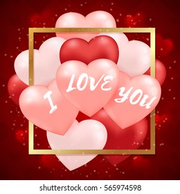 Decorative greeting card for Valentine's day with pink and red balloons in golden frame. Festive background.