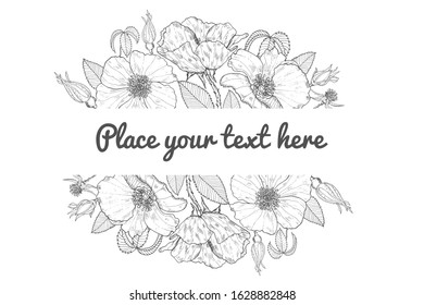 Decorative greeting card with wild roses. Post card with beautiful flowers of rosehip. Free place for text. Vector design.