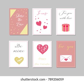 Decorative greeting cards for Valentine's Day.Typography set.The main symbols of the holiday. Vector logo, emblems, text design. Usable for banners, greeting cards, gifts etc.