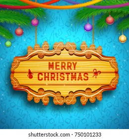 Decorative greeting template with wooden board fir branches ribbons Christmas balls on blue icons pattern vector illustration