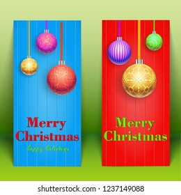Decorative greeting vertical banners with inscriptions and hanging colorful ornate Christmas baubles isolated vector illustration