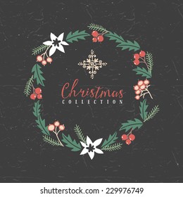 Decorative greeting wreath with snowflake. Christmas collection. Hand drawn illustration. Design elements.
