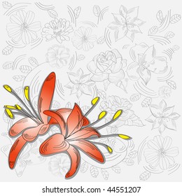 Decorative grey background with red lily flowers
