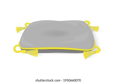 Decorative grey cushion with yellow edging and decorative gold tassels. Vector illustration in cartoon style, isolated on a white background.