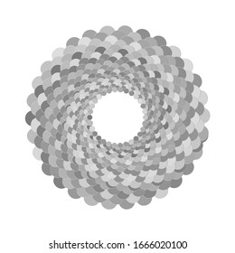 Decorative grey round frame on white background. Isolated geometric border with circles in ethnic style. Oriental circular vintage halftone illustration. 