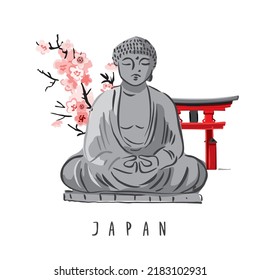 Decorative grey stone statue of a religious god isolated on white. Tourist postcard with Buddha sculpture, blossom sakura, red gate. Symbol of the Buddhist religion. Cartoon line vector illustration