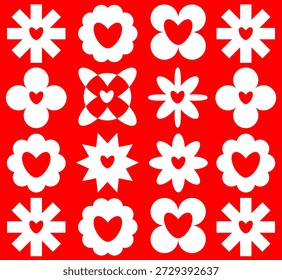 Decorative Grid of Hearts and Flowers in Red and White