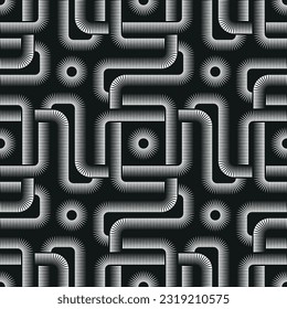Decorative grid made of chained striped squares on a black background. Intersecting dashed lines. Black and white modern design. Seamless geometric vector pattern.
