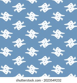 Decorative grid pattern with empty spaces marked with a few pixels. Textile design in blue and white.