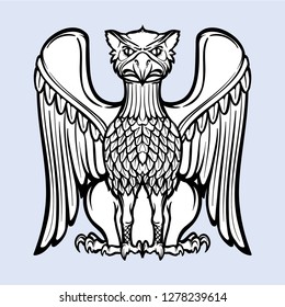 Decorative griffin. Medieval gothic style concept art. Design element. Black a nd white drawing isolated on grey background. EPS10 vector illustration