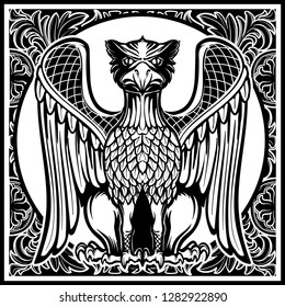 Decorative griffin. Medieval gothic style concept art. Design element. Black a nd white drawing isolated on grey background. EPS10 vector illustration