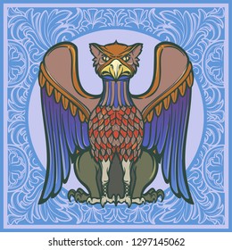 Decorative griffin. Medieval gothic style concept art. Design element. Hand drawn image isolated on decorative floral background. EPS10 vector illustration
