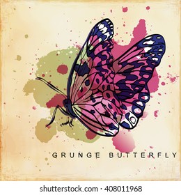 Decorative grunge background with spots and butterfly. Hand drawn butterfly with stains and spots on beige retro background. Vintage background with stylized decorative drawing.