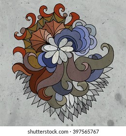 Decorative grunge background with textured waves and spirals. Dark colors template with black outlines on gray background. Vector illustration.