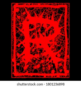Decorative grunge font.Red letter with spines and stains on black background.