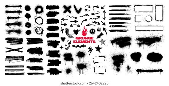 Decorative grunge set with brush lines, strokes, highlighters, graffiti spray stains, splatter marks, dirty texture, sketch, arrows and doodles. Callouts grunge with splashes. Vector graphic box