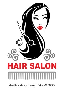 decorative hair salon icon with young pretty girl with long black hair