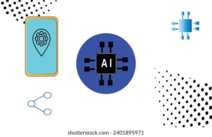 Decorative Halftone background with Artificial Intelligence design collection, AI, symbol, smartphone, network, technology, and machine learning.