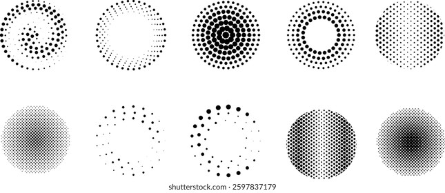 Decorative halftone dot circle shapes, vector clip art element set, isolated