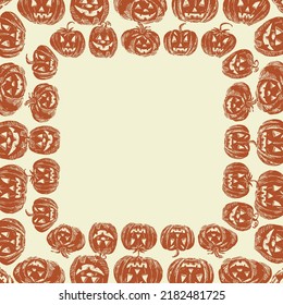Decorative halloween card with border of silhouettes cheerful pumpkins