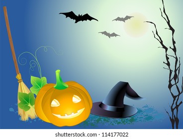 decorative halloween celebrate background with magic hat,pumpkin and broom
