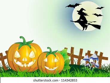 decorative halloween celebrate background with magic hat,pumpkin and broom and flying whitch