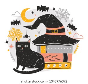 Decorative Halloween composition with cute black cat sitting beside stack of antique books covered by witch hat against night sky, spiders and flying bats on background. Holiday vector illustration.