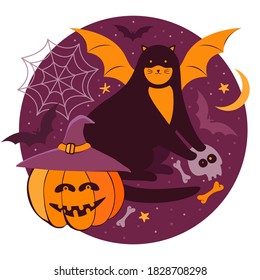 Decorative Halloween composition with cute black cat sitting beside creepy pumpkin in a witch hat, skull, bones, spider web and flying bats against night sky. Cartoon festive vector illustration