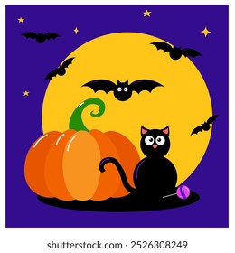 
Decorative Halloween composition with cute black cat sitting beside pumpkin against night sky, flying bats on background. Holiday vector illustration.
