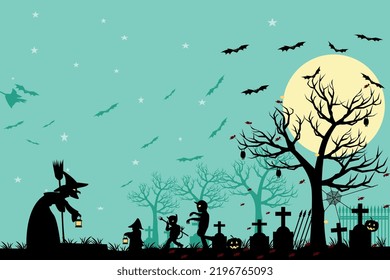 Decorative Halloween illustration with silhouette of castle at glowing sun and dead trees near cemetery