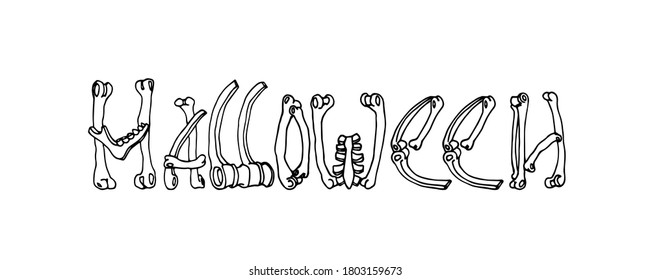 decorative halloween inscription from human bones for festive banner, poster, logo, vector illustration with black ink contour lines isolated on a white background in a doodle & hand drawn style