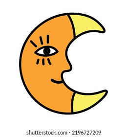 Decorative Halloween magic moon character. Retro trippy vibes moon with eye and smile