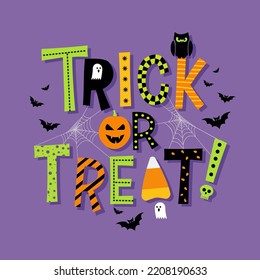 Decorative Halloween trick or treat typography with illustrated halloween elements. For banners, cards, posters, social media and invitations. Vector illustration.