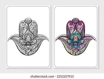 Decorative hamsa hand. Vector illustration. Coloring page for the adult coloring book with colored sample.